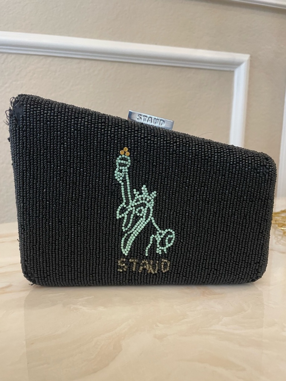 Staud beaded clutch NYC skyline Statue of Liberty